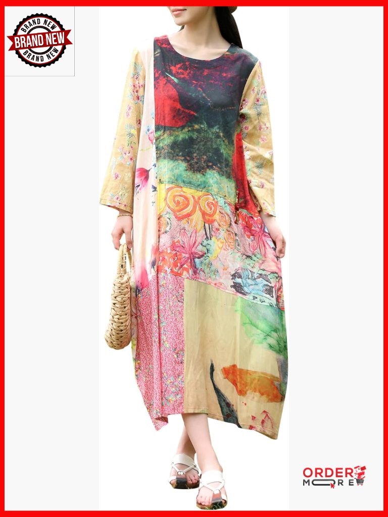 Watercolor Floral Midi Dress Linen Summer Swing Sundress Loose Fit